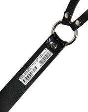 Black Exotic Leather Silver Metal Buckle Belt