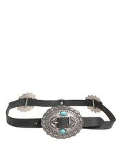 Black Turquoise Leather Embellished Oval Buckle Belt