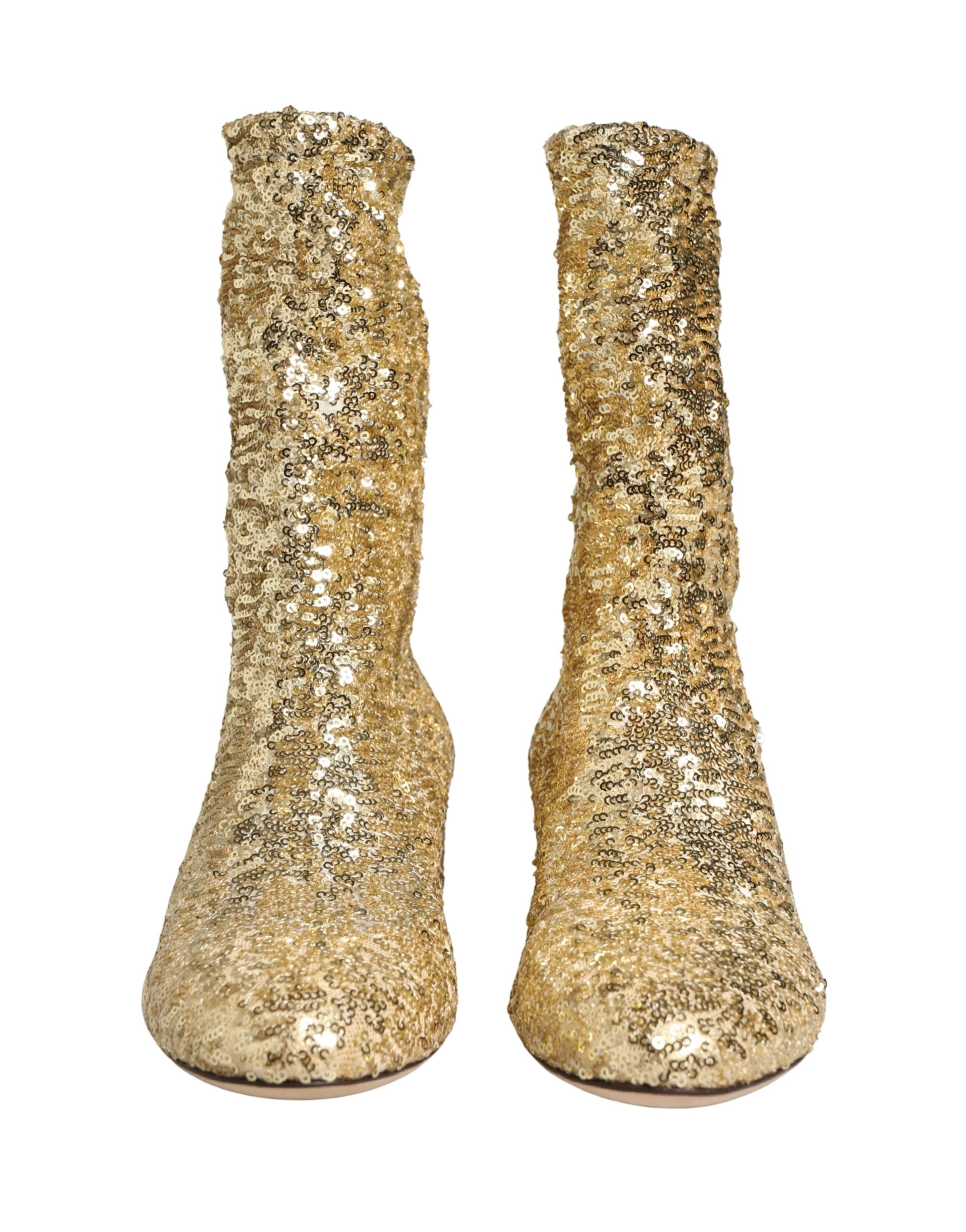 Dolce & Gabbana Gold Sequined Short Boots Stretch Shoes Dolce & Gabbana