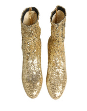 Dolce & Gabbana Gold Sequined Short Boots Stretch Shoes Dolce & Gabbana