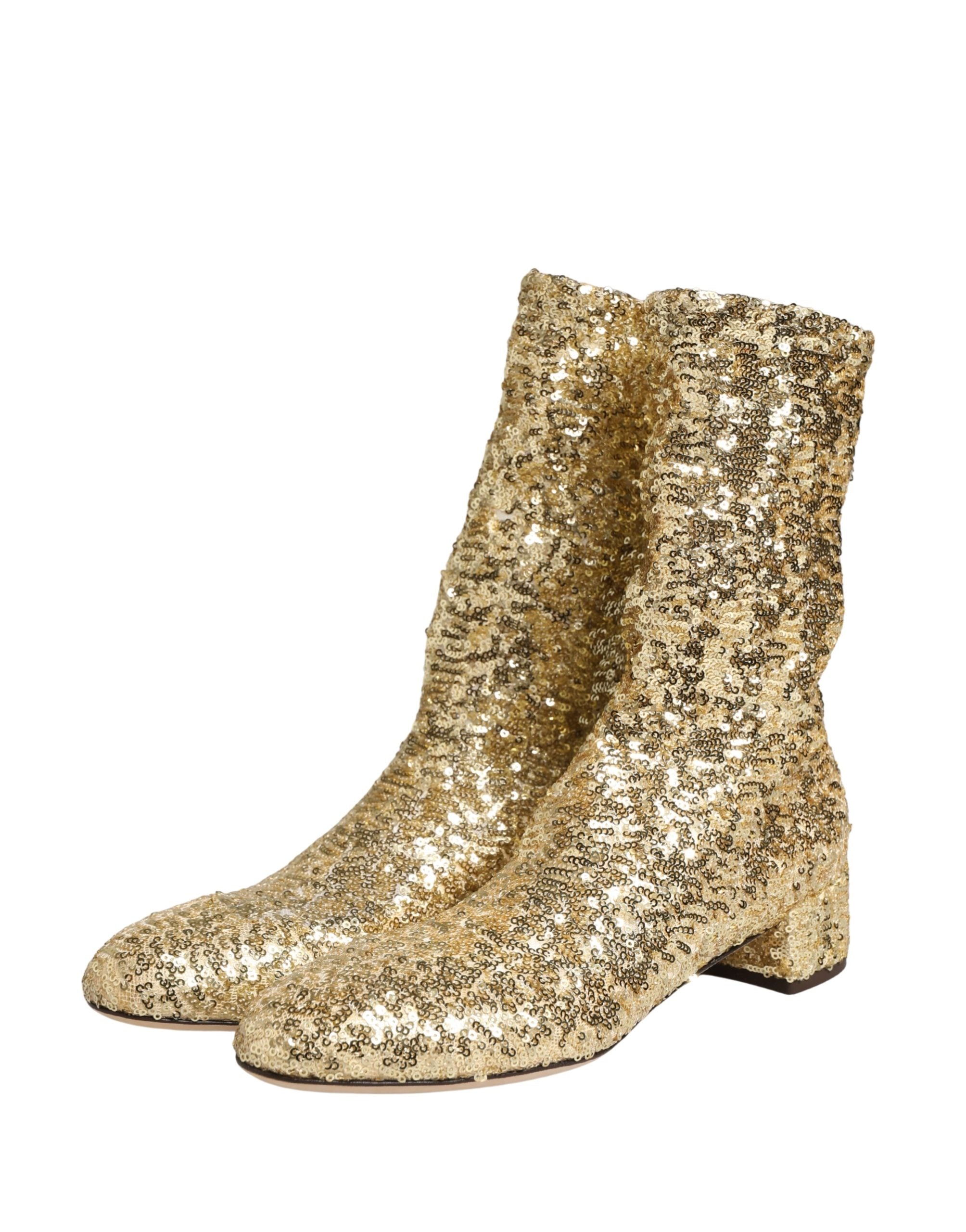 Dolce & Gabbana Gold Sequined Short Boots Stretch Shoes Dolce & Gabbana