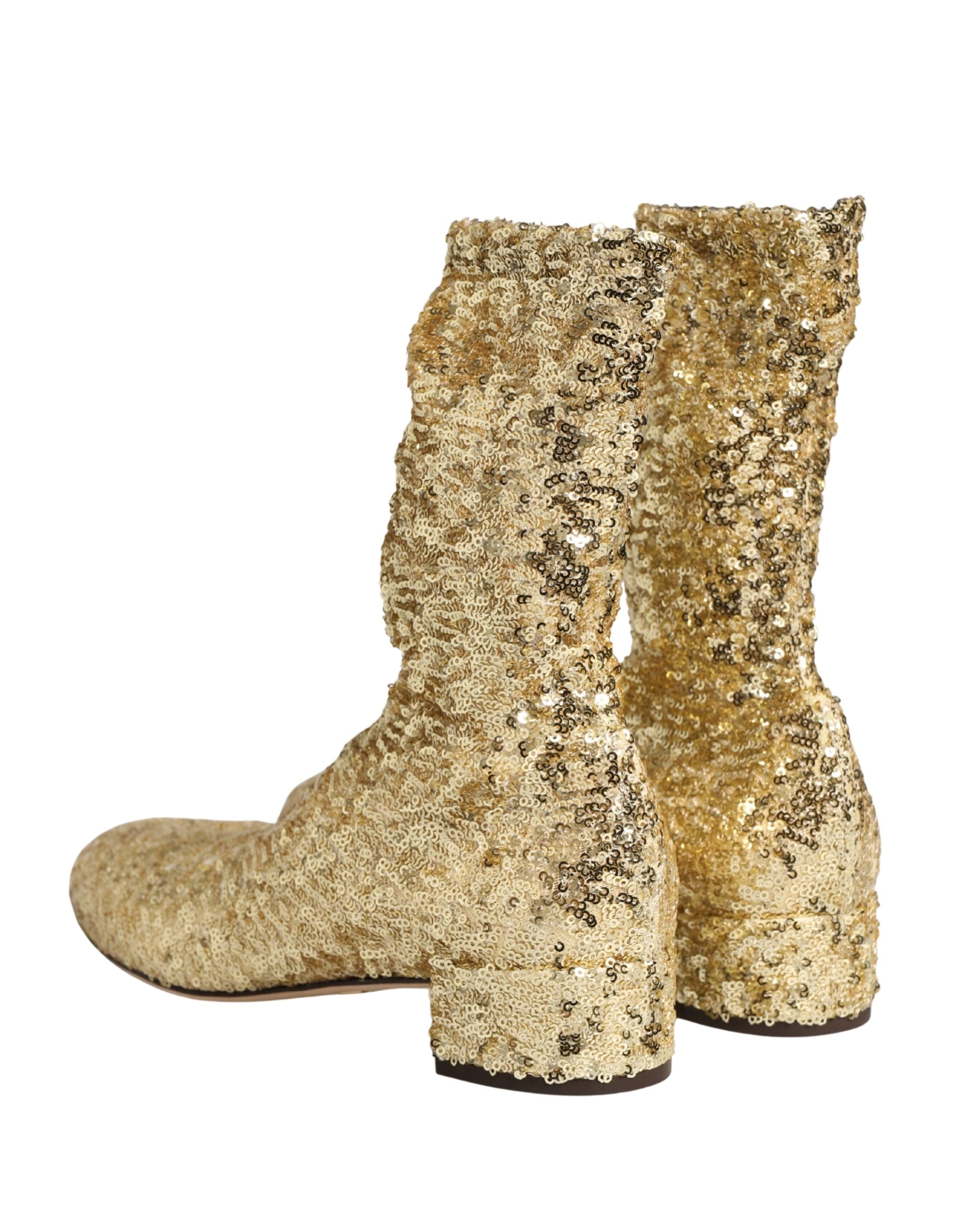 Dolce & Gabbana Gold Sequined Short Boots Stretch Shoes Dolce & Gabbana