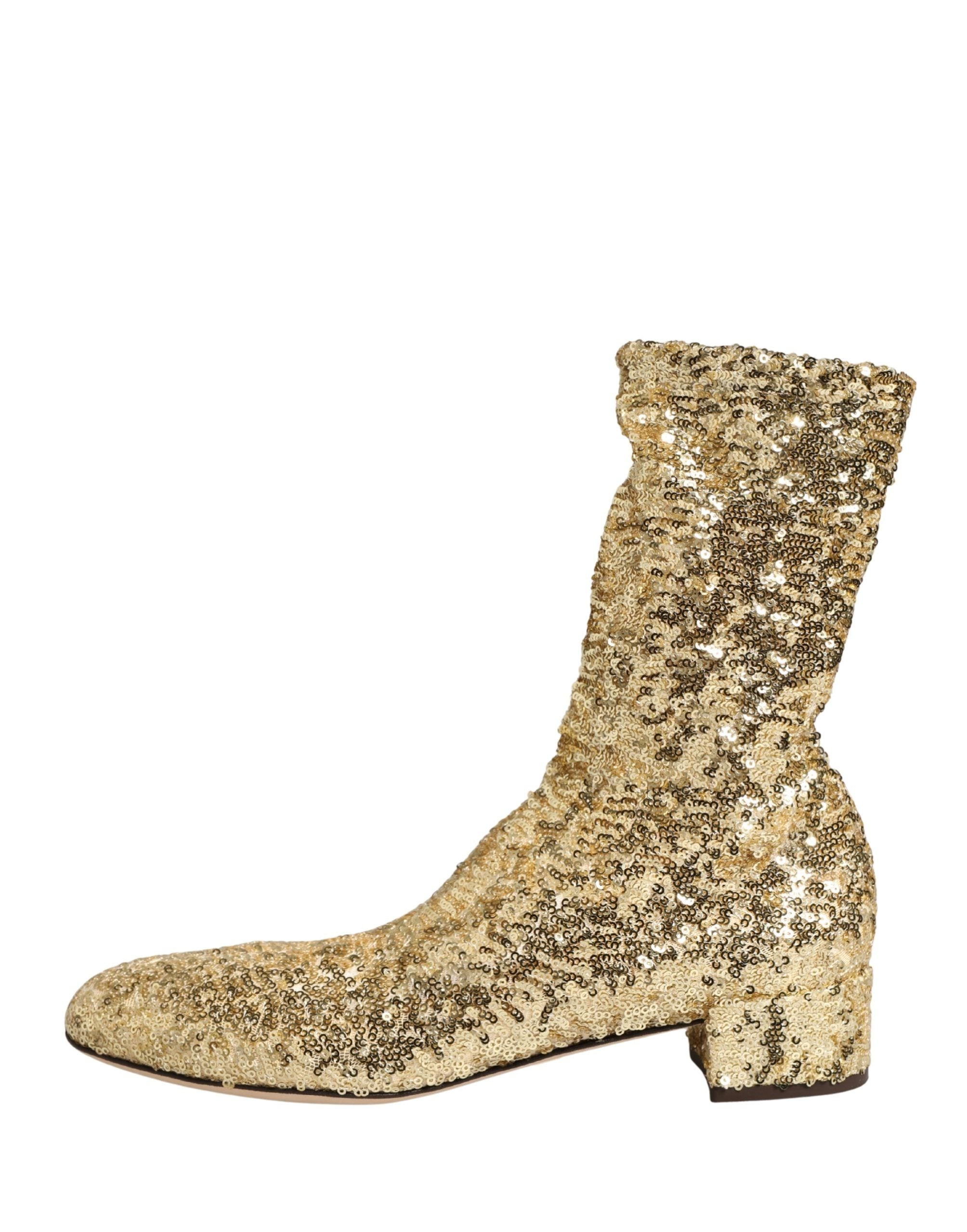 Dolce & Gabbana Gold Sequined Short Boots Stretch Shoes Dolce & Gabbana