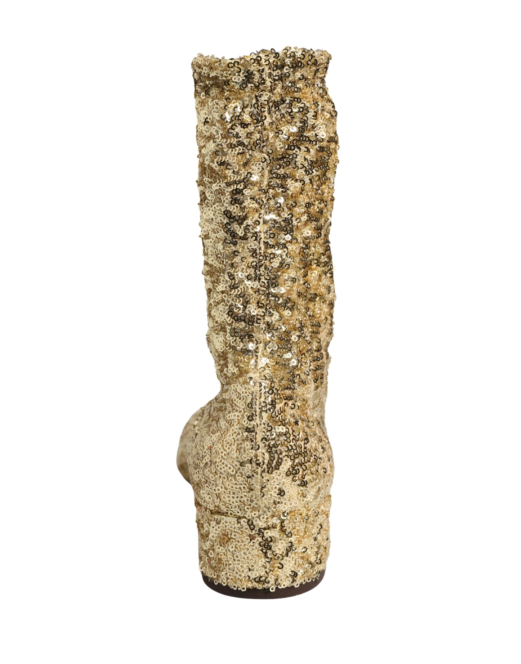 Dolce & Gabbana Gold Sequined Short Boots Stretch Shoes Dolce & Gabbana