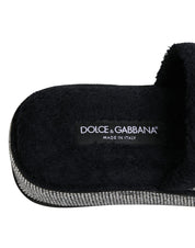 Black Crystal Embellished Platform Slides Shoes
