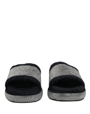 Black Crystal Embellished Platform Slides Shoes
