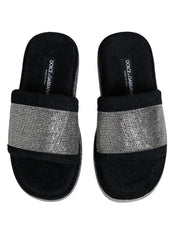 Black Crystal Embellished Platform Slides Shoes
