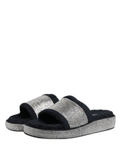 Black Crystal Embellished Platform Slides Shoes