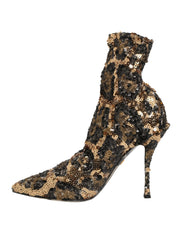 Dolce & Gabbana Gold Leopard Sequin Sock Ankle Boots Shoes Dolce & Gabbana