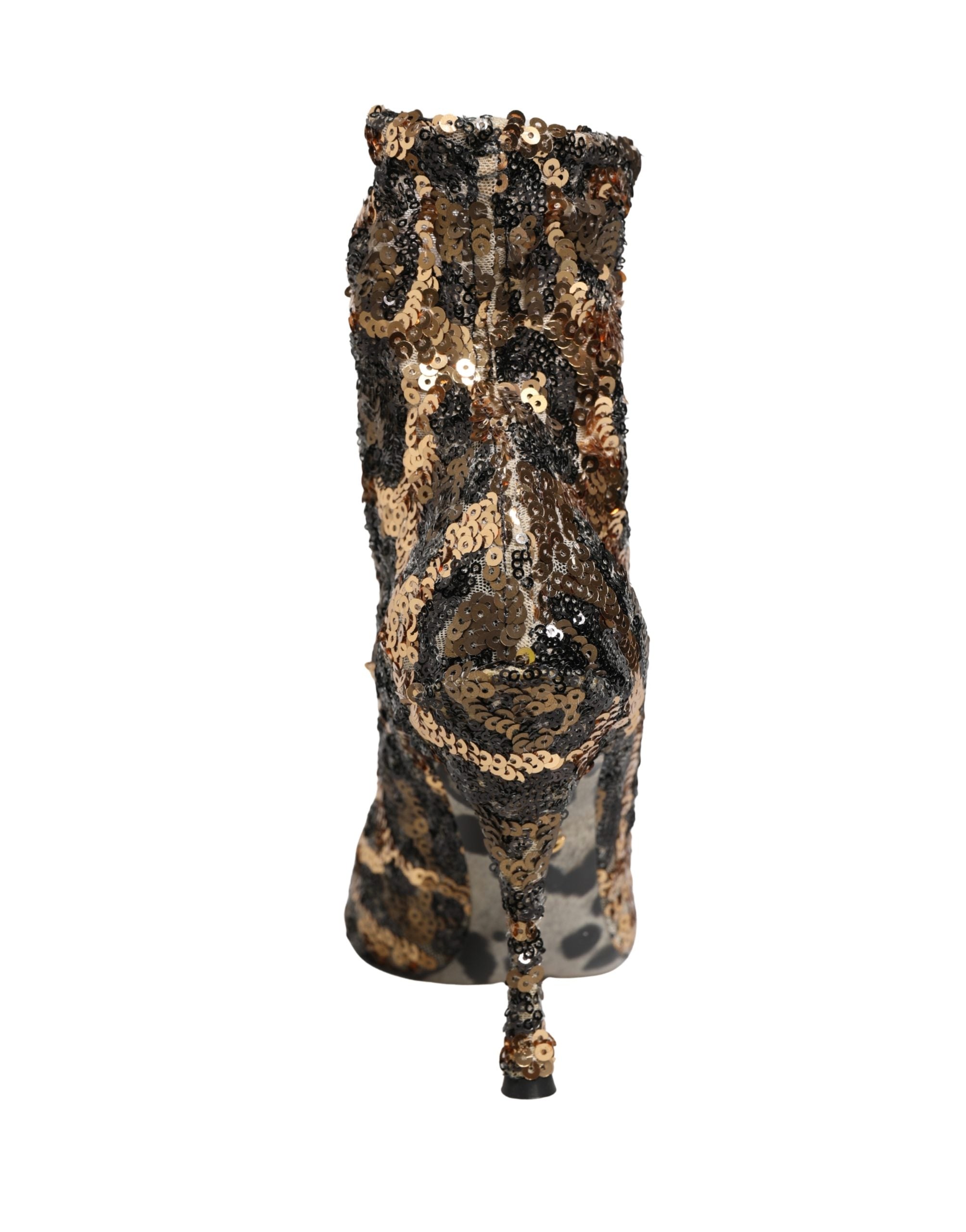 Dolce & Gabbana Gold Leopard Sequin Sock Ankle Boots Shoes Dolce & Gabbana