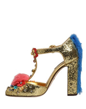 Gold Fur Trim Glitter T-strap Sandals Shoes