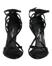 Black Leather Stiletto Heel Sandals Shoes