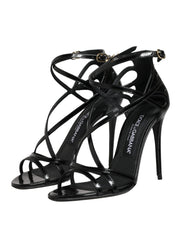 Black Leather Stiletto Heel Sandals Shoes