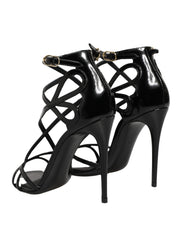 Black Leather Stiletto Heel Sandals Shoes