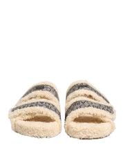 Beige Faux Fur Logo Print Flats Sandals Shoes