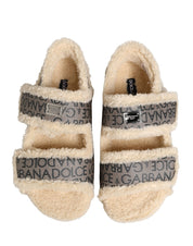 Beige Faux Fur Logo Print Flats Sandals Shoes