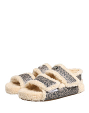Beige Faux Fur Logo Print Flats Sandals Shoes