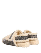 Beige Faux Fur Logo Print Flats Sandals Shoes