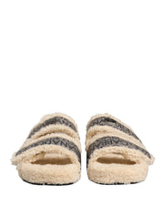 Beige Faux Fur Logo Print Flats Sandals Shoes