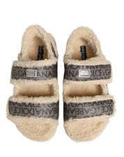 Beige Faux Fur Logo Print Flats Sandals Shoes