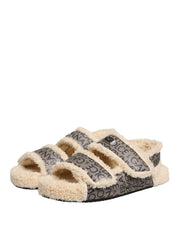 Beige Faux Fur Logo Print Flats Sandals Shoes