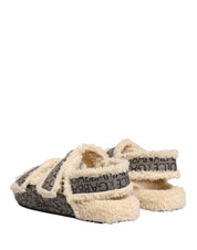 Beige Faux Fur Logo Print Flats Sandals Shoes