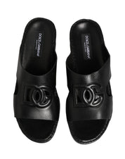 Black Leather Cutout DG Logo Sandals Shoes