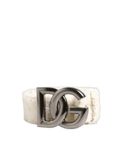 White Cotton Fleece DG Logo Metal Buckle Belt