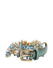 Dolce & Gabbana Green Leather Daisy Crystal Embellished Waist Belt Dolce & Gabbana