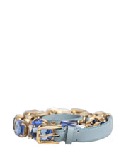 Blue Leather Crystal Chain Embellished Belt