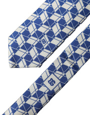 Blue White Geometric Silk Adjustable Men Tied Necktie Tie