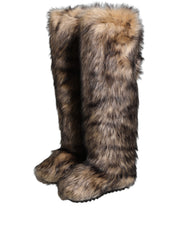 Brown Faux Skim Ski Fur Knee High Boots Shoes