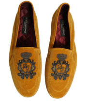 Yellow Velvet Crown Embroidery Loafers Shoes