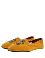 Yellow Velvet Crown Embroidery Loafers Shoes