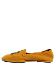 Yellow Velvet Crown Embroidery Loafers Shoes
