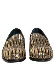 Gold Striped Sequin Embellished Loafer Shoes
