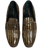 Gold Striped Sequin Embellished Loafer Shoes