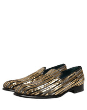 Gold Striped Sequin Embellished Loafer Shoes