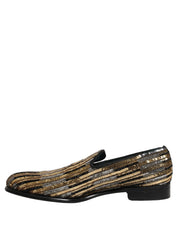 Gold Striped Sequin Embellished Loafer Shoes