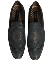 Black Floral Brocade Slip On Loafers Shoes