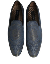 Blue Floral Brocade Slip On Loafers Shoes