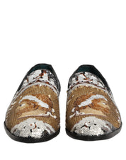 White Gold Sequined Slip On Loafers Shoes