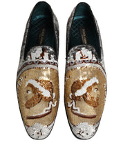 White Gold Sequined Slip On Loafers Shoes