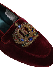 Burgundy Velvet Crown Slip On Loafers Shoes