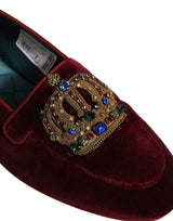 Burgundy Velvet Crown Slip On Loafers Shoes