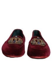 Burgundy Velvet Crown Slip On Loafers Shoes