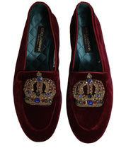 Burgundy Velvet Crown Slip On Loafers Shoes