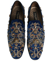 Blue Velvet Embellished Dress Loafers Shoes