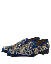 Blue Velvet Embellished Dress Loafers Shoes