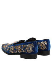Blue Velvet Embellished Dress Loafers Shoes